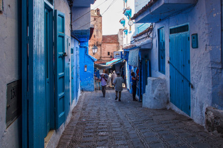Chefchaouen, Morocco - Oct 14, 2019: Street life in the Blue city of Chefchaouen or Chaouen, a city in northwest Morocco. It is noted for its buildings in shades of blueのeditorial素材
