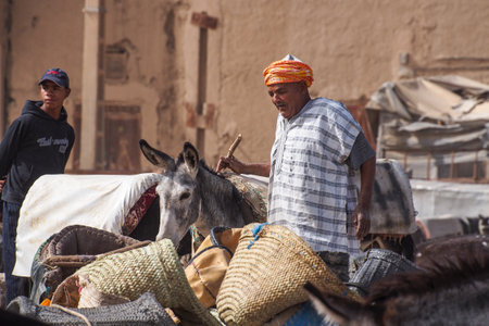 Rissani, Morocco - Oct 18, 2019: Rissani market in Morocco and the parking of donkeys and mules. Africaのeditorial素材