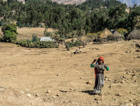Simien Mountains, Ethiopia - Feb 07, 2020: Ethiopian people at Simien Mountains National Park in...