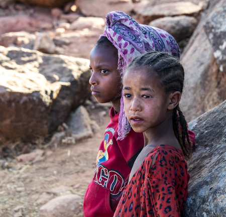 Aksum, Ethiopia - Feb 08, 2020: Ethiopian girl on the road from Axum to the Simien mountains, North...