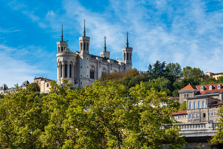 The Basilica of Notre-Dame of Fourviere, La Basilique Notre Dame de Fourviere in Lyon, France, Europeの写真素材