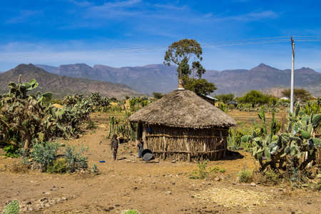 Lalibela, Ethiopia - Feb 12, 2020: Ethiopian people seen on the road from Lalibela to Gheralta, Tigray in Northern Ethiopia, Africaのeditorial素材