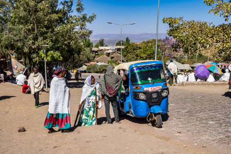 Lalibela, Ethiopia - Feb 13, 2020: Ethiopian people at the Bet Maryam Church, St. Mary Church in...