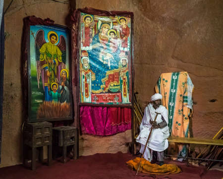 Lalibela, Ethiopia - Feb 13, 2020: Ethiopian people at the Church of Gabriel-Rufael - Bete Gabriel-Rufael in Lalibela, Ethiopia, Africaのeditorial素材