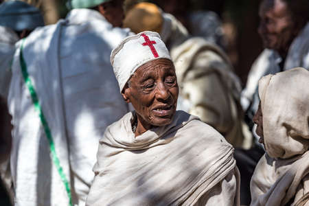 Lalibela, Ethiopia - Feb 13, 2020: Ethiopian people at the Bet Maryam Church, St. Mary Church in...