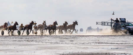 Cuxhaven, Germany - Aug 25, 2019: equestrian at the horse race in the mud flat at Duhner Wattrennen in Germanyのeditorial素材