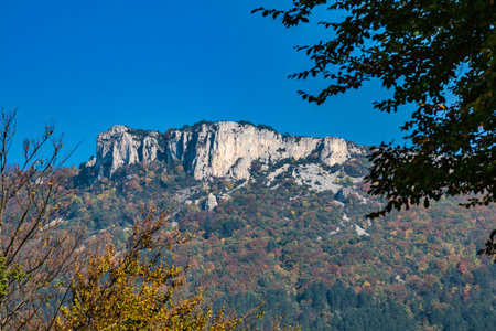 French countryside. Pas de l'Aubasse: Panoramic view of the heights of the Vercors, the marly hills...