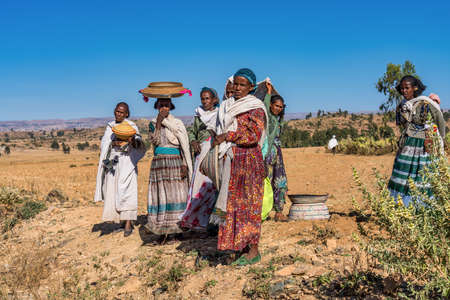 Axum, Ethiopia - Feb 10, 2020: Ethiopian women seen on the road from Axum to Gheralta, Tigray in Northern Ethiopia, Africaのeditorial素材