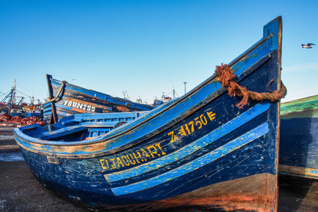 Essaouira, Morocco - Oct 24, 2019: Lots of blue fishing boats in the port of Essaouira, Morocco in Africaのeditorial素材