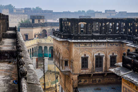 Mandawa, India - Dec 29, 2019: Colorful painted Haveli in the city of Mandawa, Rajasthan, India. The...