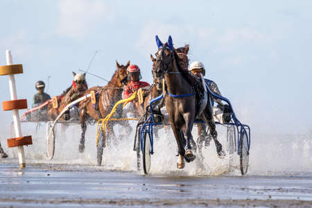 Cuxhaven, Germany - Aug 25, 2019: equestrian at the horse race in the mud flat at Duhner Wattrennen in Germanyのeditorial素材