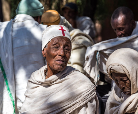 Lalibela, Ethiopia - Feb 13, 2020: Ethiopian people at the Bet Maryam Church, St. Mary Church in Lalibela, Ethiopia Africaのeditorial素材