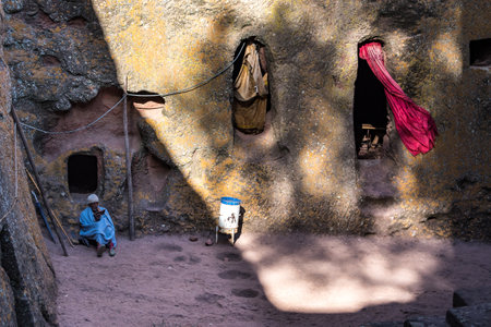 Lalibela, Ethiopia - Feb 13, 2020: Ethiopian people at the famous Rock-Hewn Church of Saint George - Bete Giyorgis in Lalibela, Ethiopia.のeditorial素材