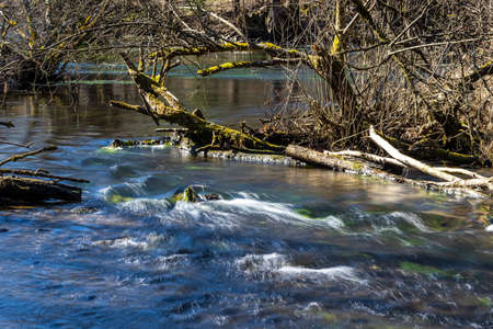 Beautiful hiking trail in forest starting at the rice mill in Gauting, Wuermtal near Starnberg,...
