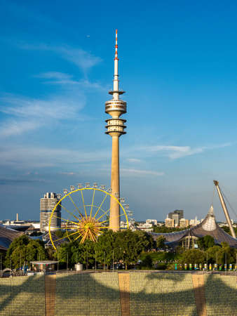Munich, Germany - Jul 27, 2020: The Olympiaturm has an overall height of 291 m and a weight of 52,500 tonnes. At a height of 190 m there is an observation platform as well as a small museum.のeditorial素材