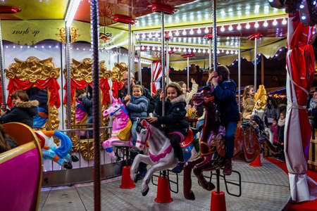 Toledo, Spain - Nov 30, 2019: illuminated Christmas market in Cathedral street, Toledo, Spain. Christmas night illuminationのeditorial素材
