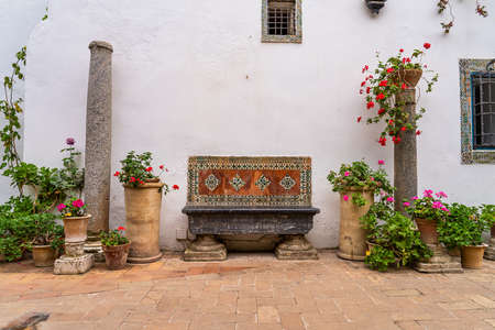Cordoba, Spain - November 03, 2019: Courtyard garden of Viana Palace in Cordoba, Andalusia. Built in XV century. Viana Palace is a tourist attraction known for its 12 magnificent patios and gardens.のeditorial素材