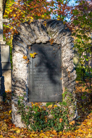 Munich, Germany - Nov 01, 2020: View of famous Old North Cemetery of Munich, Germany with historic gravestones. Funerals have not been held here since 1944. Instead, the cemetery is used as a park.のeditorial素材