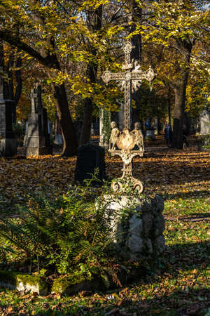 Munich, Germany - Nov 01, 2020: View of famous Old North Cemetery of Munich, Germany with historic gravestones. Funerals have not been held here since 1944. Instead, the cemetery is used as a park.のeditorial素材