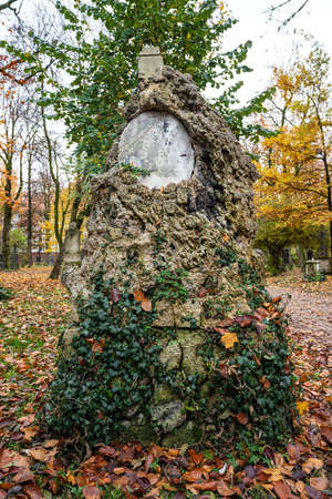 Munich, Germany - Nov 01, 2020: View of famous Old North Cemetery of Munich, Germany with historic gravestones. Funerals have not been held here since 1944. Instead, the cemetery is used as a park.のeditorial素材