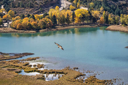 The Una lagoon, a lagoon located in the town of Una, in the province of Cuenca, Castilla La Mancha, Spain. Viewpoint to the lagoon in Una in the Serrania de Cuenca in Spain.の写真素材