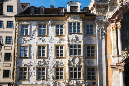 Asamhaus Sculptures at the Asam House next to Asam Church in Munich, Germany, Europeの写真素材