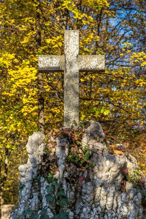 View of famous Old North Cemetery of Munich, Germany with historic gravestones. Funerals have not been held here since 1944. Instead, the cemetery is used as a park.の写真素材