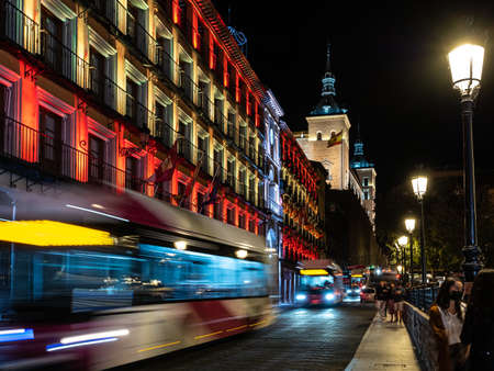 Toledo, Spain - Oct 08, 2021: The grand Central Government building at the Plaza Zocodover in Toledo at night, Castille La Mancha, Spain.のeditorial素材