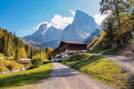Valley of Scheffau, Wilder Kaiser, Tyrol, Austria. Hiking at Wilder Kaiser Mountains in the Austrian region of Tirol.の写真素材