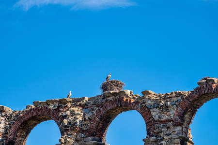 The Acueducto de los Milagros, Miraculous Aqueduct in Merida, Extremadura, Spain is a ruined Roman aqueduct bridge, part of the aqueduct built to supply water to the Roman colony of Emerita Augustaの写真素材