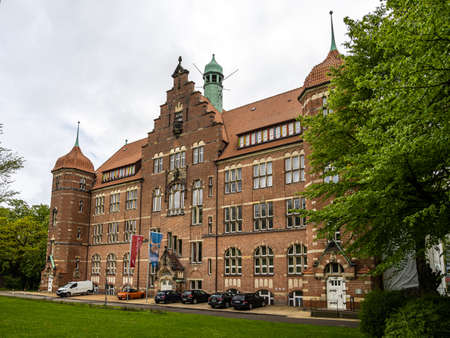 Flensburg, Germany - May 27, 2021: Front facade of the Museumsberg, museum hill building in...