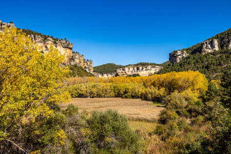 Panoramic view of the Sierra de Cuenca at Una in Spain. Hiking trails La Raya and El Escaleron in Una, Cuenca, Spainの写真素材