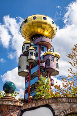 Abensberg, Germany - Sep 04, 2021: Kuchlbauer tower by architect Friedensreich Hundertwasser, Kuchlbauer Brewery, Abensberg, Lower Bavaria, Germany Europeのeditorial素材