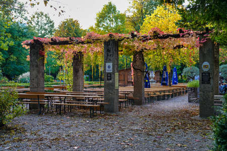 Munich, Germany - Oct 17, 2021: Autumn view of Beer garden Park Cafe in the center of Munich, Bavaria, Germany.のeditorial素材