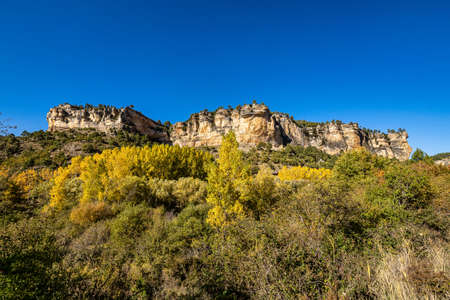 Panoramic view of the Serrania de Cuenca at Una in Spain. Hiking trails La Raya and El Escaleron in Una, Cuenca, Spainの写真素材