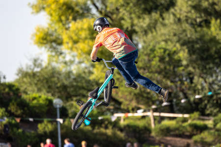 Munich, Germany - Aug 11, 2022: Riders compete at the BMX Freestyle European Championsships at Olympiapark in Munich, Germany. Men's qualifiacationのeditorial素材
