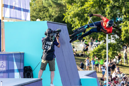 Munich, Germany - Aug 11, 2022: Riders compete at the BMX Freestyle European Championsships at...