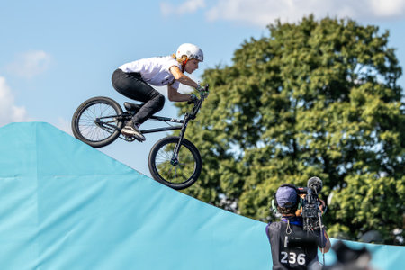 Munich, Germany - Aug 12, 2022: Riders compete at the BMX Freestyle European Championsships at...