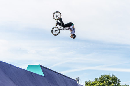 Munich, Germany - Aug 11, 2022: Riders compete at the BMX Freestyle European Championsships at Olympiapark in Munich, Germany. Men's qualifiacationのeditorial素材