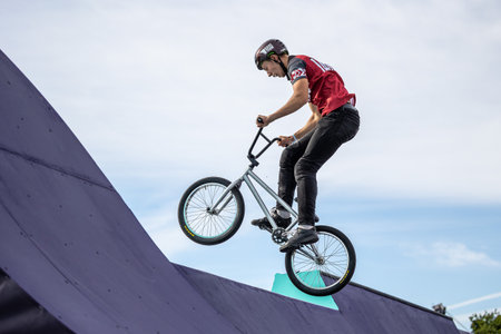 Munich, Germany - Aug 11, 2022: Riders compete at the BMX Freestyle European Championsships at...
