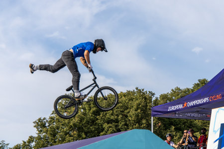 Munich, Germany - Aug 11, 2022: Riders compete at the BMX Freestyle European Championships at...