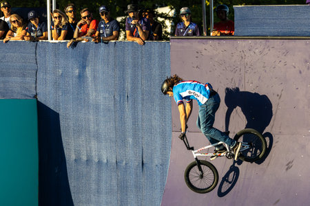 Munich, Germany - Aug 11, 2022: Riders compete at the BMX Freestyle European Championships at Olympiapark in Munich, Germany. Men's qualificationのeditorial素材