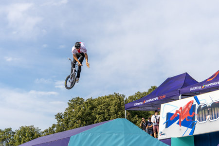 Munich, Germany - Aug 11, 2022: Riders compete at the BMX Freestyle European Championships at Olympiapark in Munich, Germany. Men's qualificationのeditorial素材
