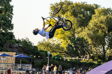 Munich, Germany - Aug 11, 2022: Riders compete at the BMX Freestyle European Championships at...