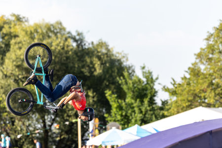 Munich, Germany - Aug 11, 2022: Riders compete at the BMX Freestyle European Championships at Olympiapark in Munich, Germany. Men's qualificationのeditorial素材