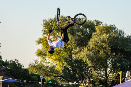 Munich, Germany - Aug 11, 2022: Riders compete at the BMX Freestyle European Championships at...