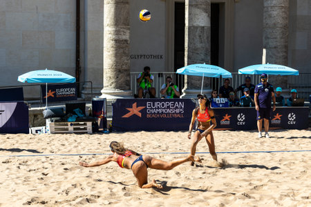 Munich, Germany - Aug 17, 2022: Women's European Beach Volleyball Championships 2022. Spain vs Switzerlandのeditorial素材