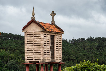 Beautiful village of Vigo in Galicia, Spain, unique for its horreos, traditional granary barnsの写真素材