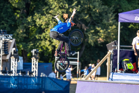 Munich, Germany - Aug 11, 2022: Riders compete at the BMX Freestyle European Championships at Olympiapark in Munich, Germany. Men's qualificationのeditorial素材