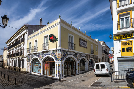 Zafra, Spain - Oct 05, 2022: Colorful azulejo tile work on pharmacy building at Zafra, Extremadura, Spain in Europeのeditorial素材
